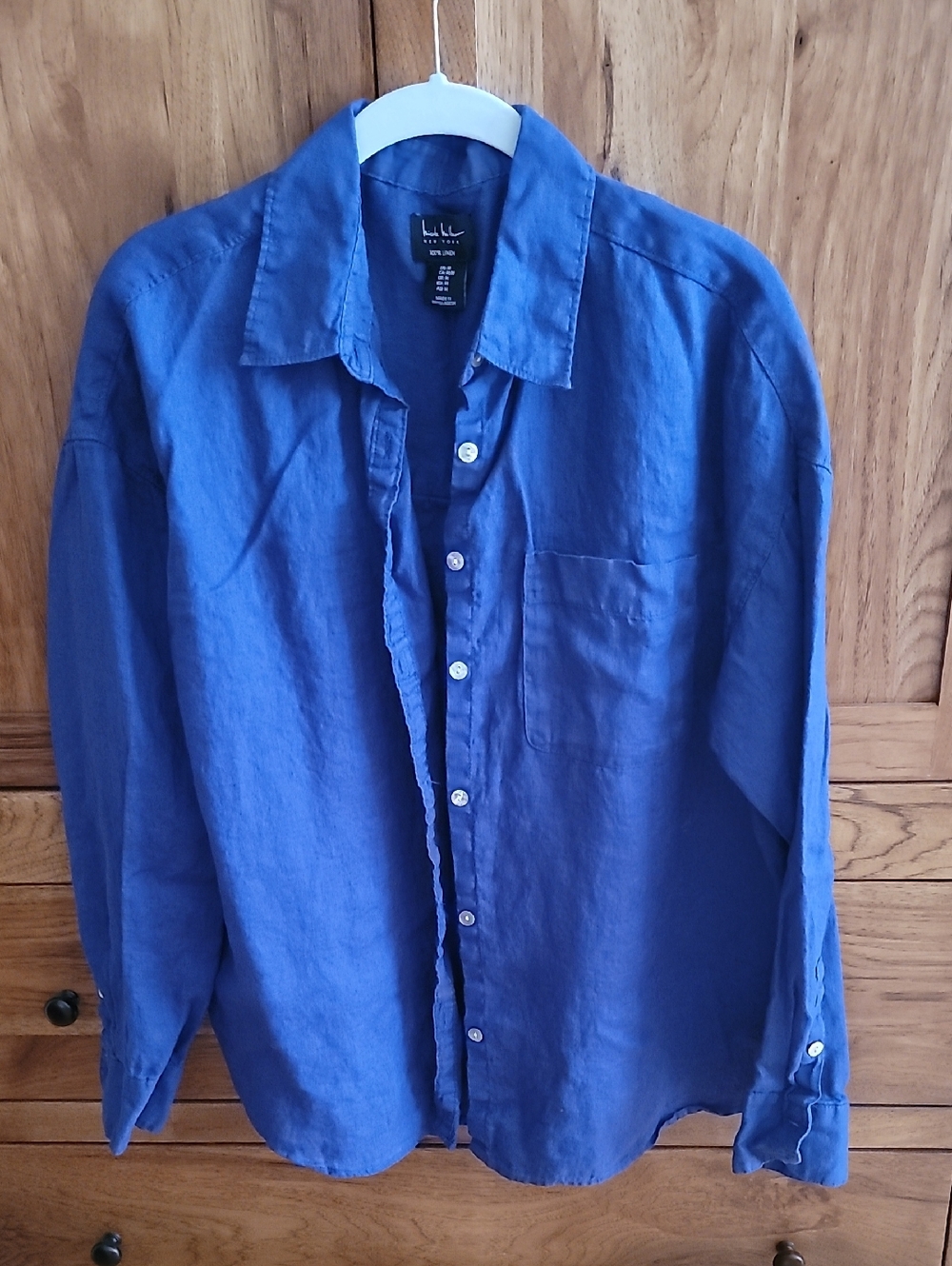 100% Linen Nicole Miller Womans Casual Button-Down Shirt — Royal Blue